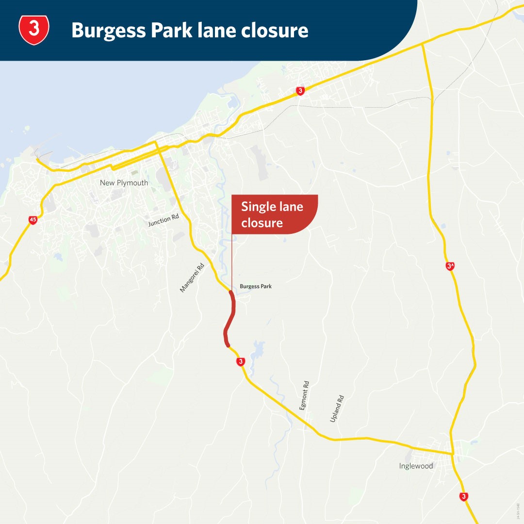 Map showing section of state highway 3 affected by the roadworks near Burgess Park.